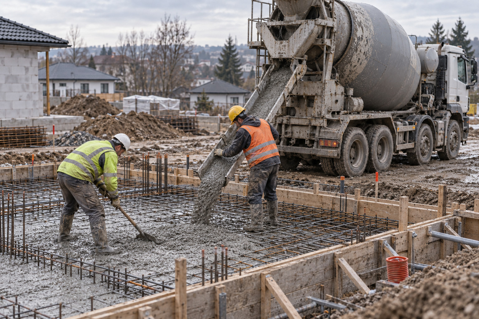 Betonomieszarka wylewa beton z rynny na zbrojenie płyty fundamentowej, ekipa rozprowadza mieszankę