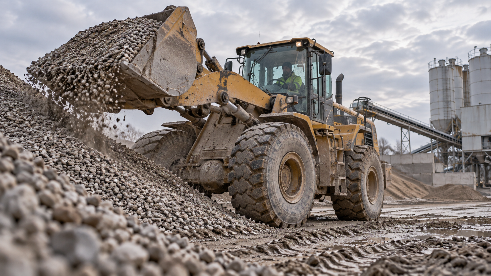 Ładowarka nabiera kruszywo do produkcji betonu w wytwórni
