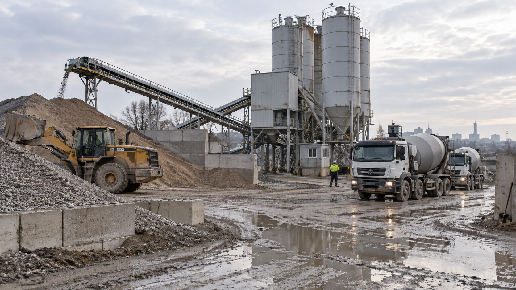 Wytwórnia betonu z silosami, ładowarką i betonomieszarkami gotowymi do wyjazdu